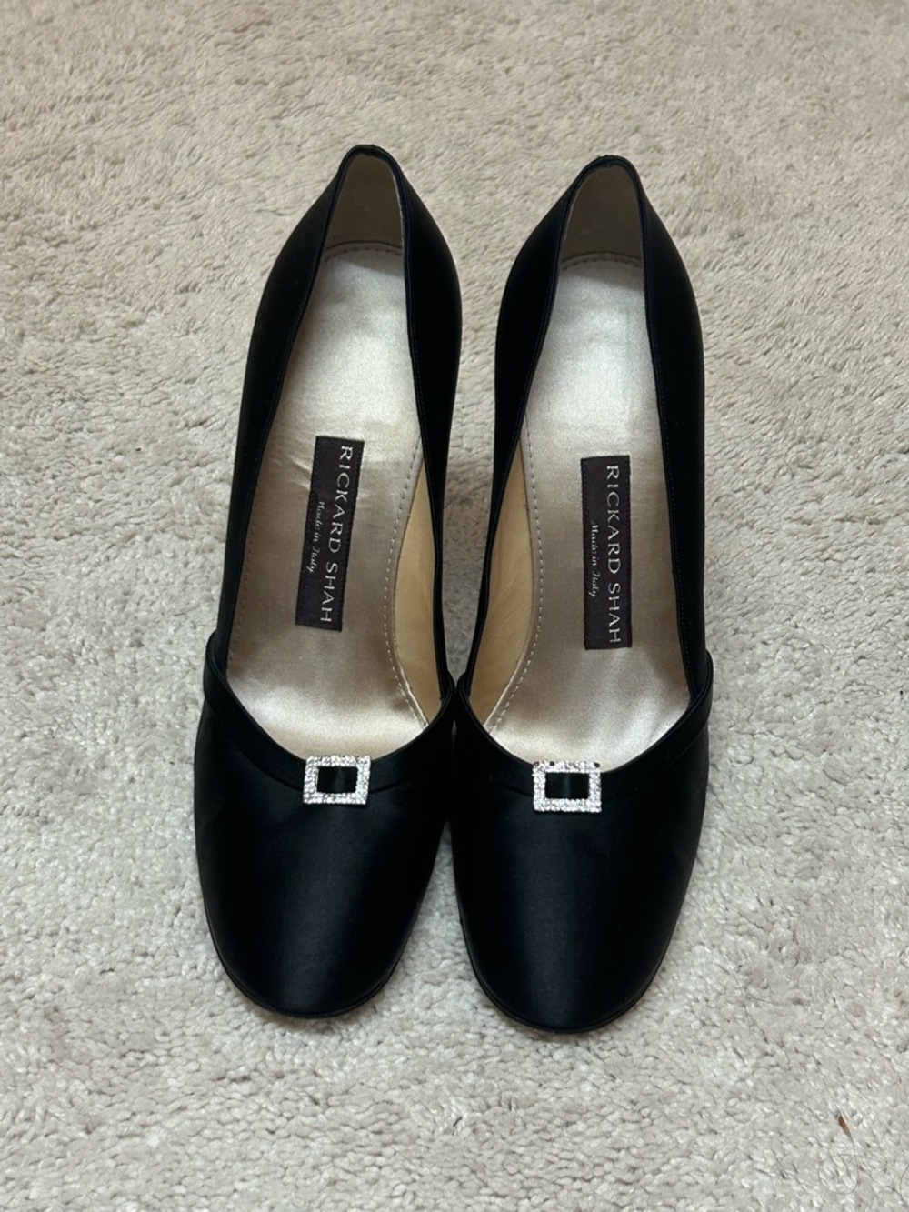 Rickard Shah Black Satin Women's Dress Pumps with Crystal Buckle